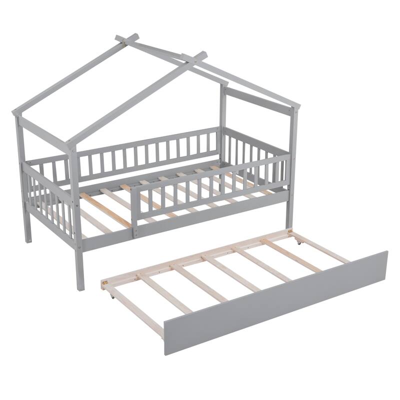 Twin Pine House Bed with Trundle, Guardrail & Roof