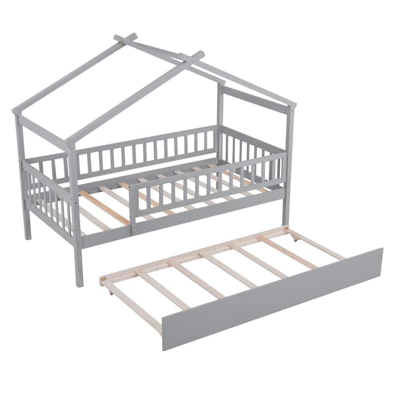 Wooden Twin/Full House Bed with Trundle and Headboard, Sky Roof Design, Durable Pine Wood