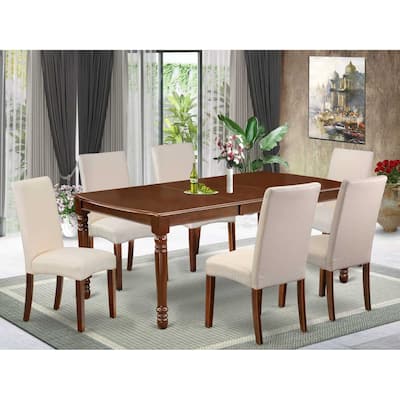 Rectangle Dining Table Set 7pc - 60x78 Inch Table w/ Leaf & 6 Cream Linen Chairs - Mahogany Finish