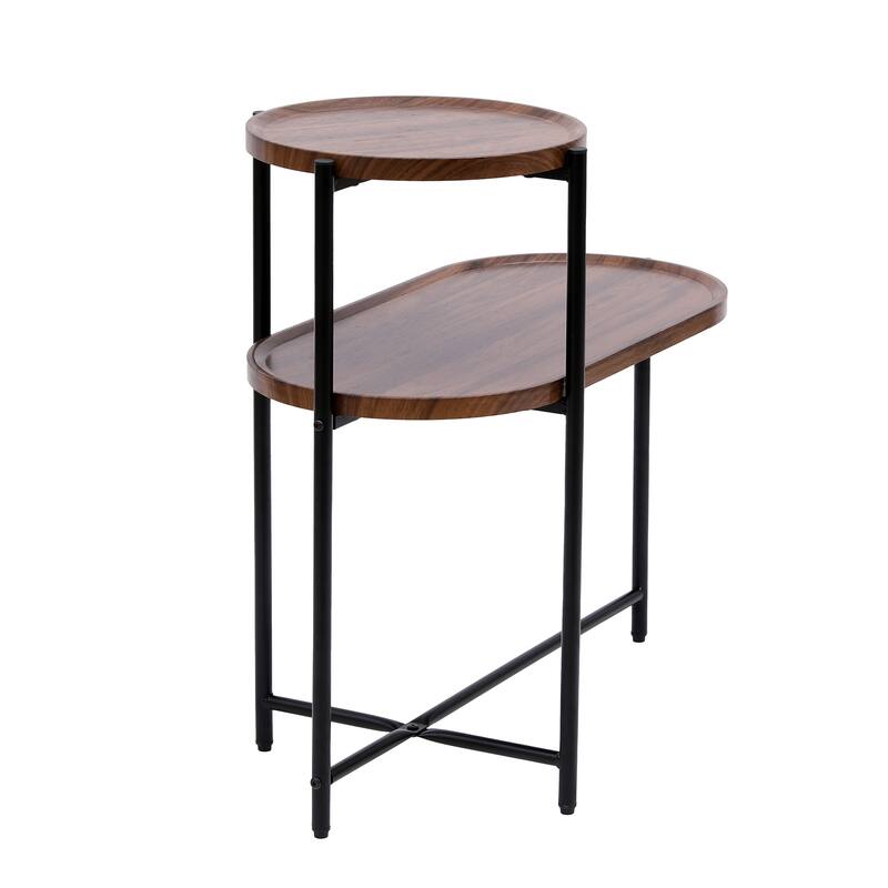Anmytek Walnut and Black Metal Side Table 2 Tier End Table for Living Room and Bedroom