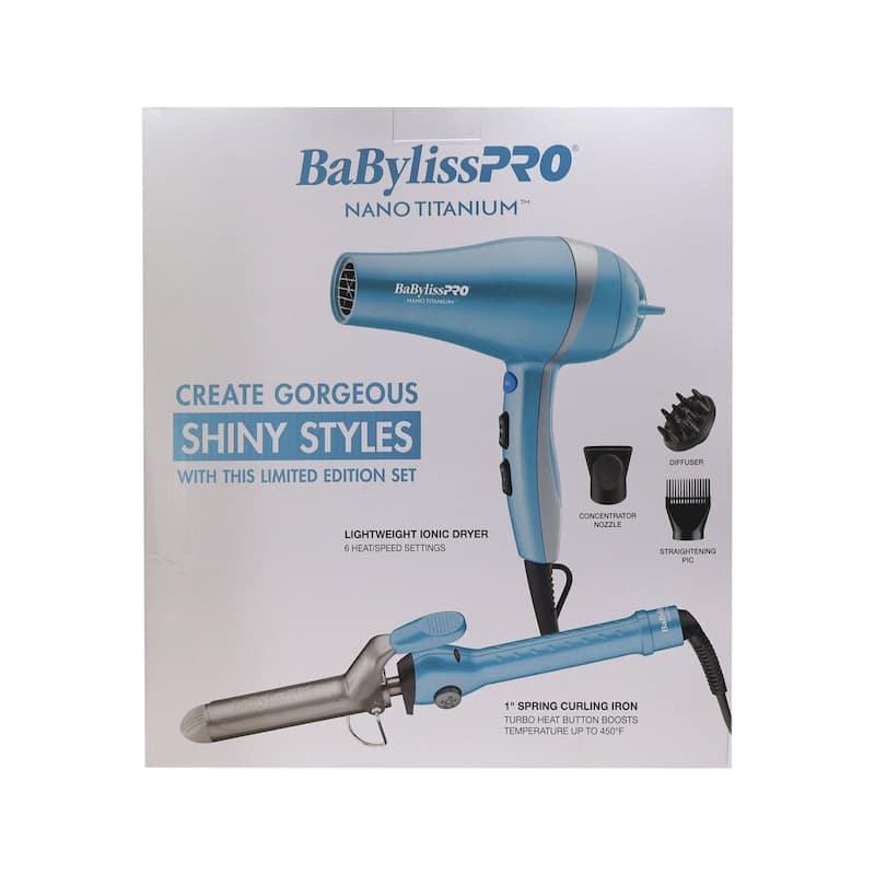 BaByliss Pro LIMITED EDITION Lightweight Ionic Dryer & 1" Spring Curling Iron Combo BNTPP68 + Brush