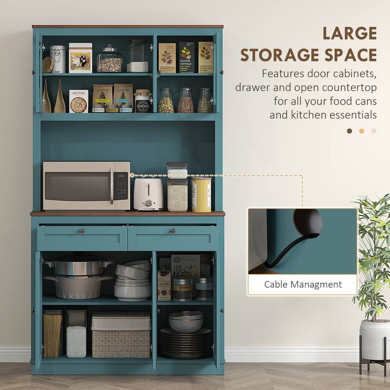 Tall Adjustable Shelves Kitchen Pantry Cabinet with Glass Doors and 8 Compartments 2 Drawers - 39.4" W x 15.7" D x 70.9" H
