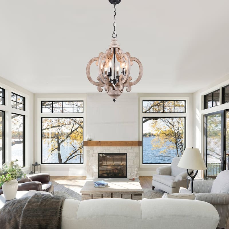 CurveCurio Retro 6-Light Rustic Wood Pendant Light Farmhouse Style Chandelier for Dining Room Living Room and Foyer
