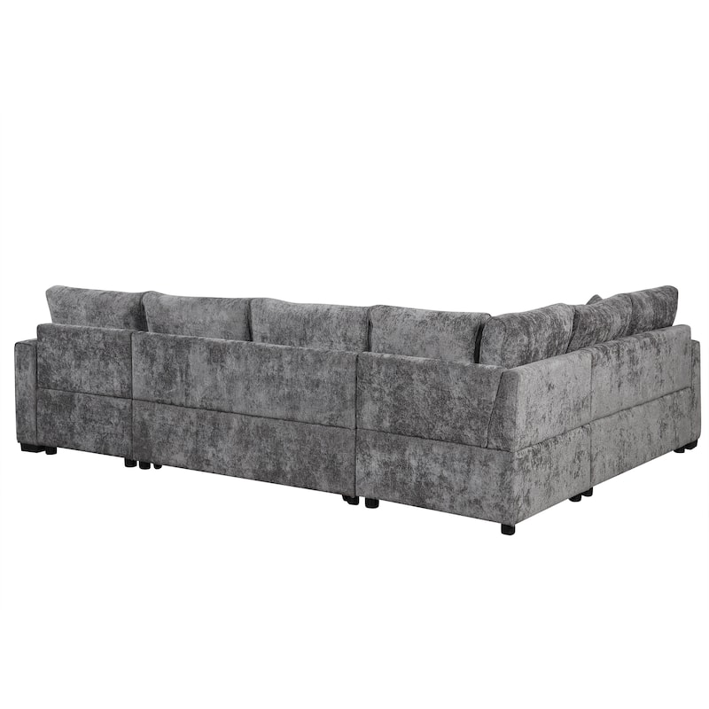 Grey 112.2" L-Shaped 6 Seater Sectional Sofa with Pull-Out Bed, Storage Ottoman, 3 Back Pillows, and USB Charging Ports