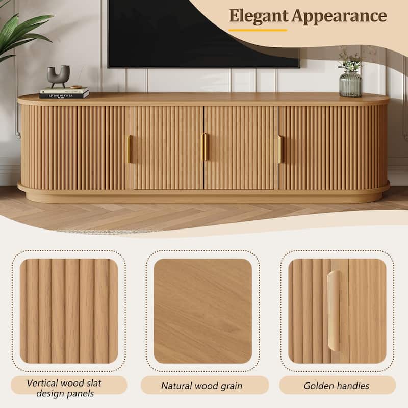 Wooden TV Stand with Sliding Tambour Door for TVs up to 75", Fluted TV Cabinet Media Console Table for Living Room