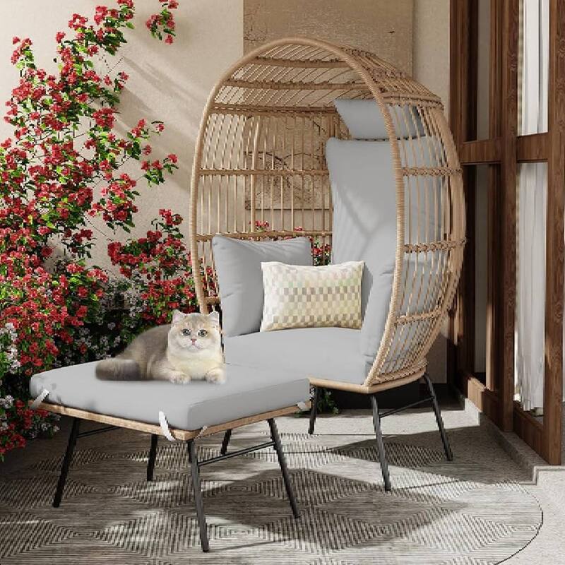 Rattan Wicker Egg Chair with Ottoman with Cushion for Balcony, Porch, Backyard