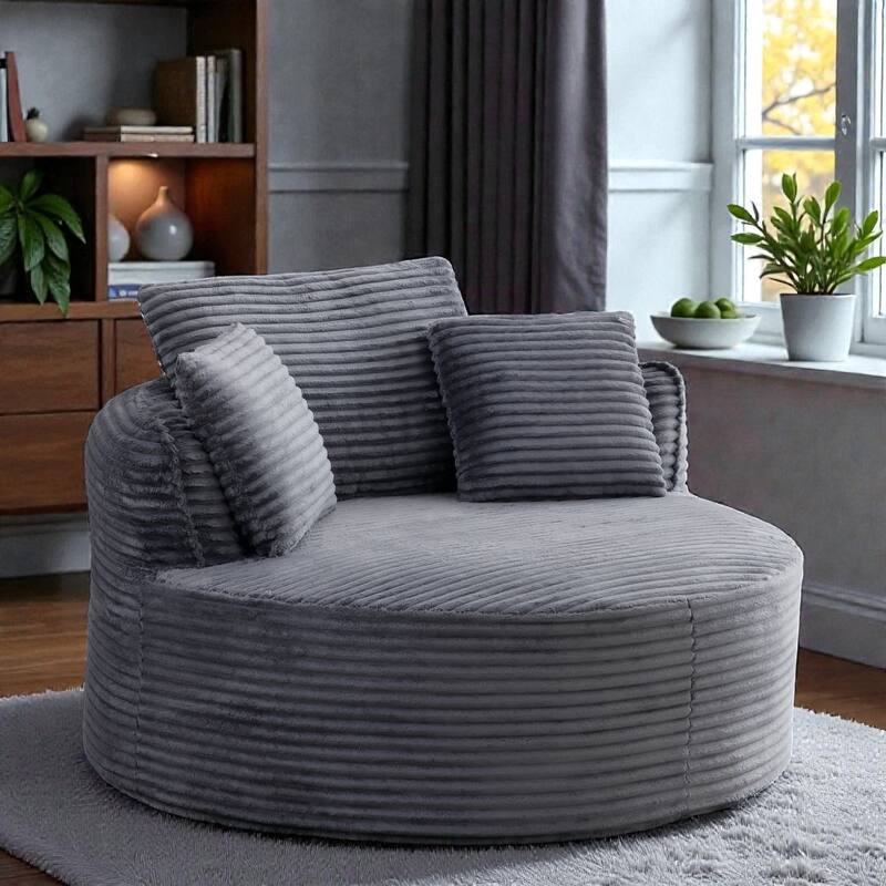 Round Accent Chair, Corduroy Boneless Deep Seat Floor Lounge Chair with 3 Pillows, No Assembly