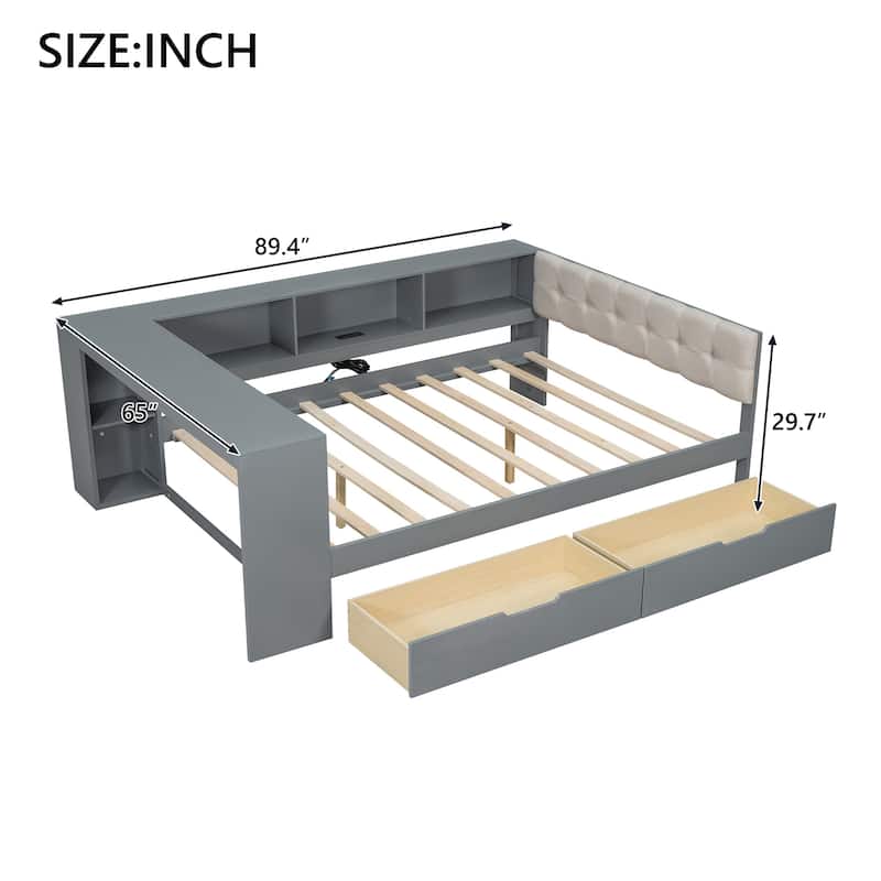 Wood Full Size Platform Bed with Storage Shelves, Drawers, Charging Station and Upholstered Headboard