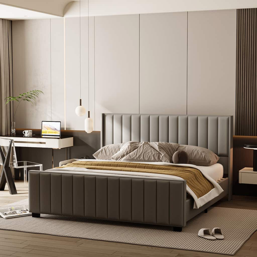 King Size Light Gray Velvet Platform Bed with 46.9" Tall Wingback Headboard & High Footboard Upholstered Bed Frame