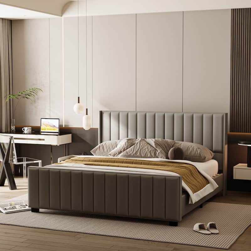 King Size Light Gray Velvet Platform Bed with 46.9" Tall Wingback Headboard & High Footboard Upholstered Bed Frame