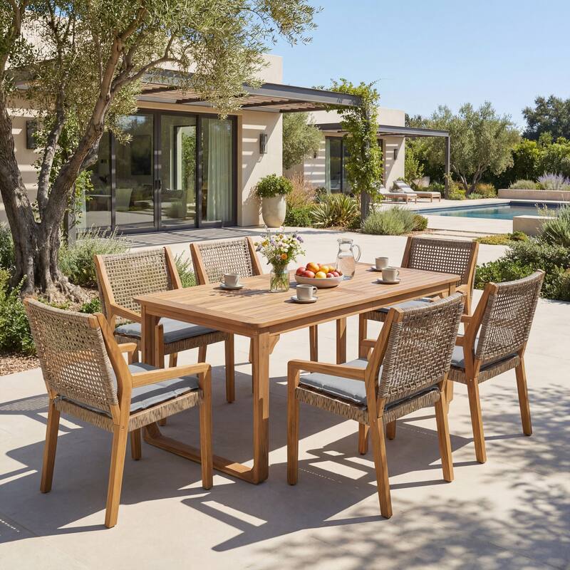 Christopher Knight Home - Ronan Outdoor Acacia Wood Dining Set with Wicker Back Chairs & Curved Leg Dining Table, Teak Finish