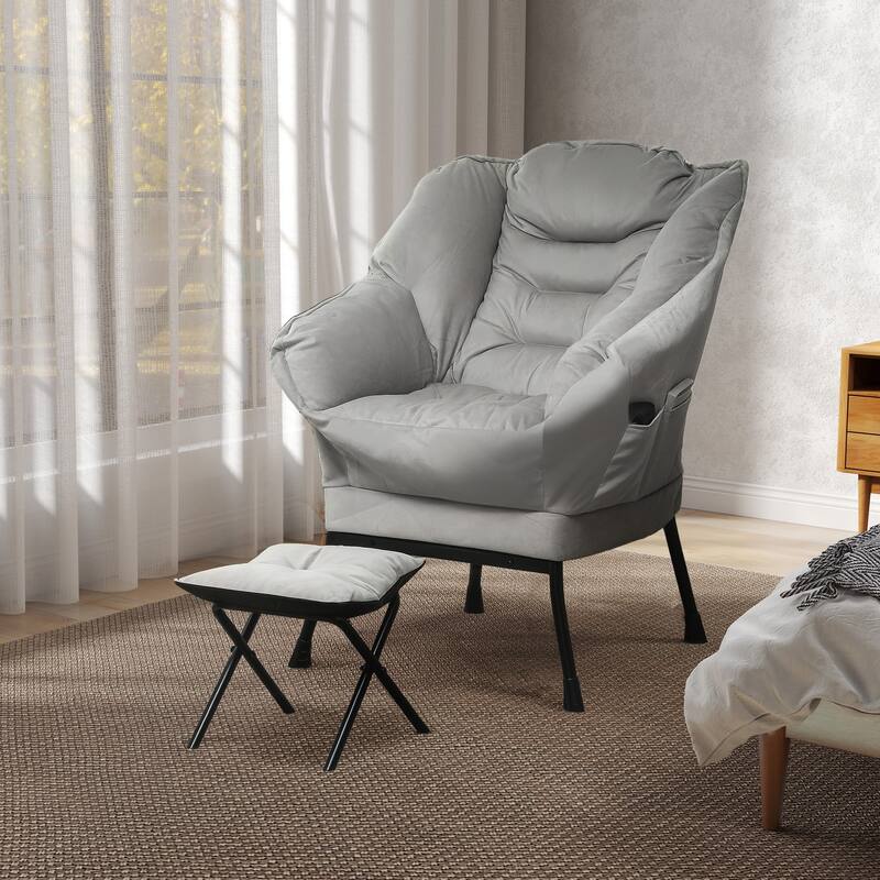 Velvet Lazy Chair with Ottoman, PP Cotton Padding and Storage - Light Grey