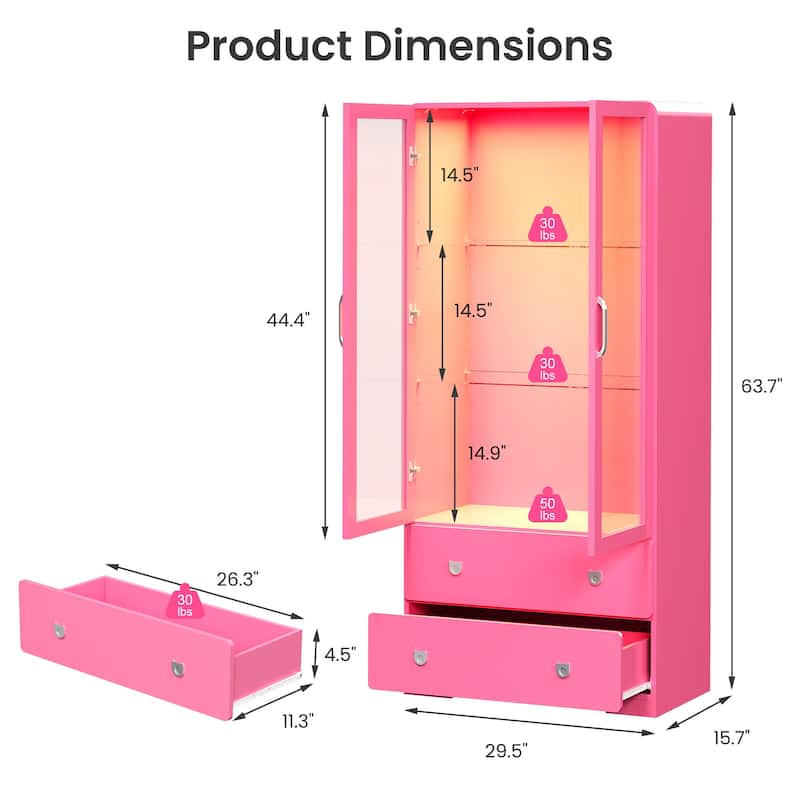 64'' Tall Display Cabinet with Acrylic Doors and LED Lights - N/A