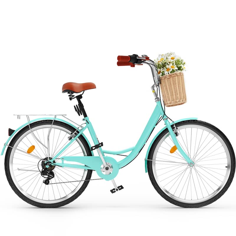Moasis Beach Cruiser Bike 24"/26"Commute Bike 7 Speed Bicycle with Basket Adjustable Seat, Multiple Color - 26" - Mint Green