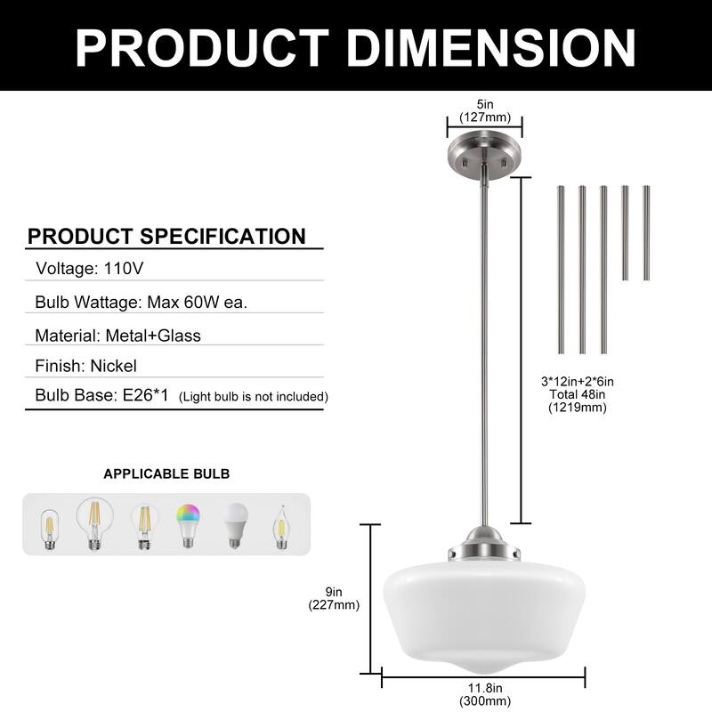 Single Head Brushed Nickel Pendant Light with Opal Glass Shade E26 for Soft Ambient Lighting - 11.8*11.8*9