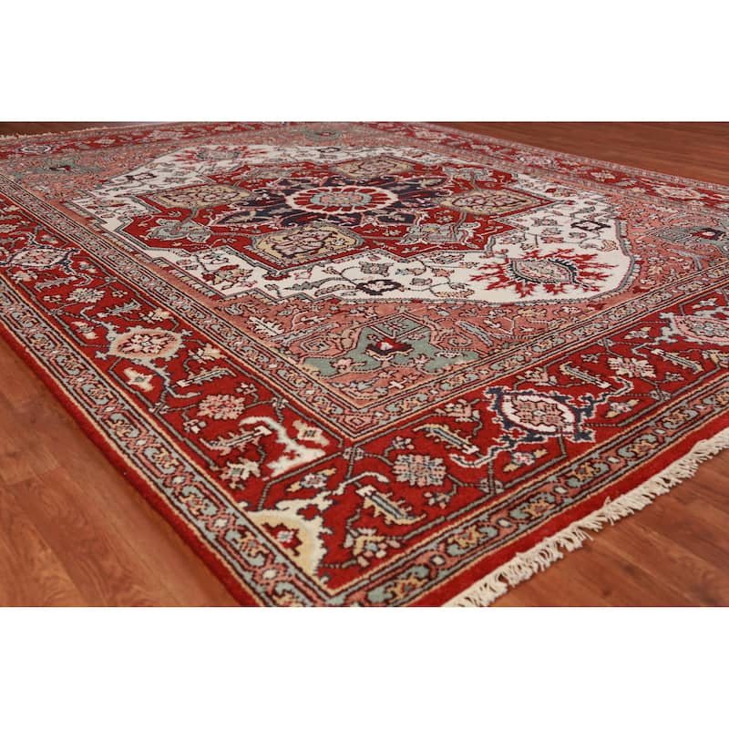 Hand Knotted Oriental 100% Wool Carpet Traditional Medallion Beige & Ivories Heriz (serapi) Area Rug - 10' 0'' X 7' 11''