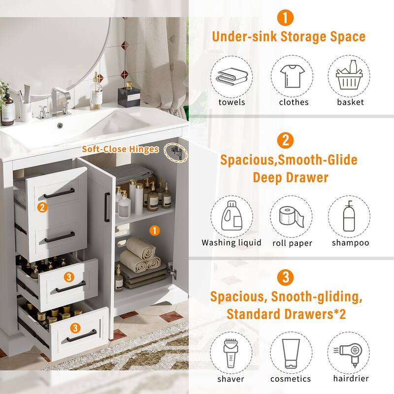 36" Modern Bathroom Vanity with Ceramic Sink, Soft-Close Door, Adjustable Shelf & 3 Drawers, Ample Storage
