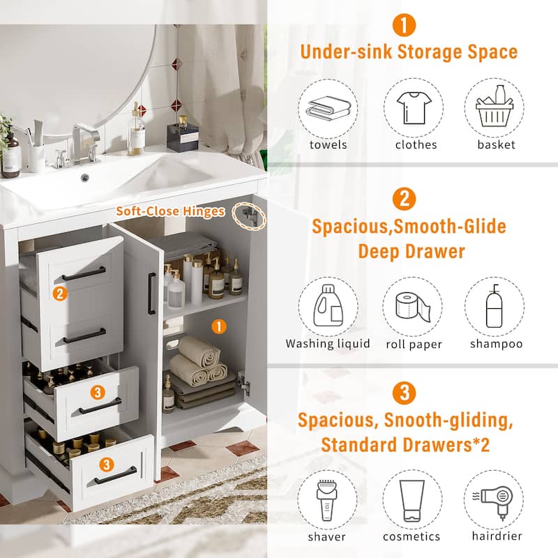 36" Modern Bathroom Vanity with Ceramic Sink, Soft-Close Doors, Adjustable Shelf & 3 Drawers for Small Bathrooms