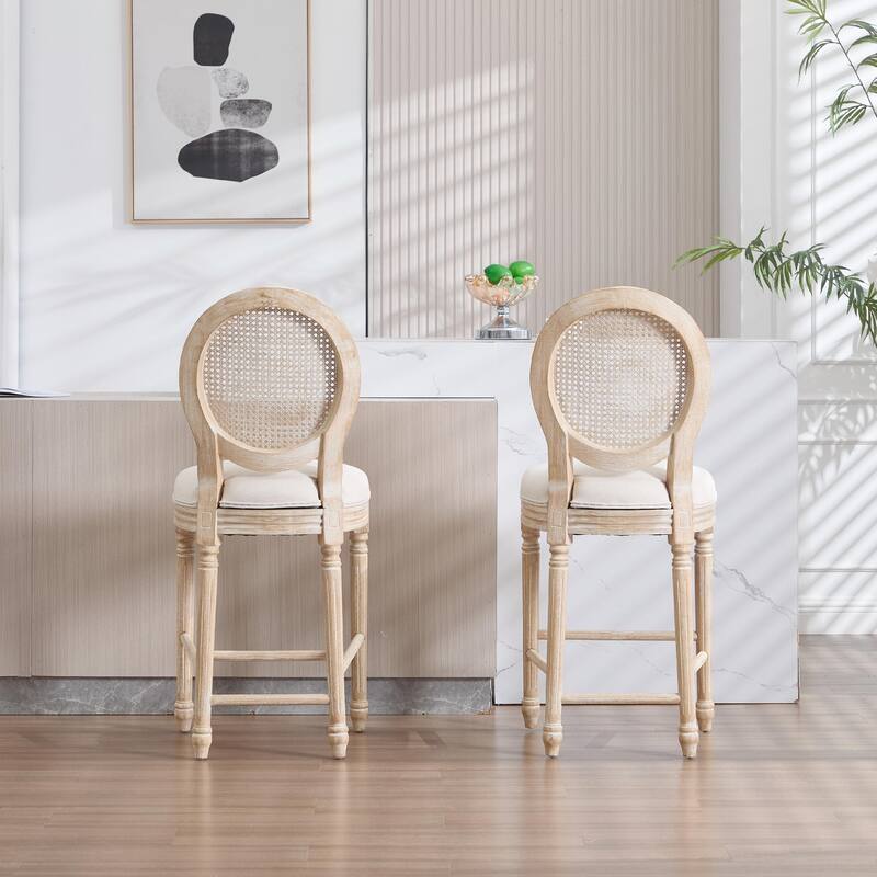 Set of 2 French Country Dining Chairs, Upholstered with Natural Rattan Round Back