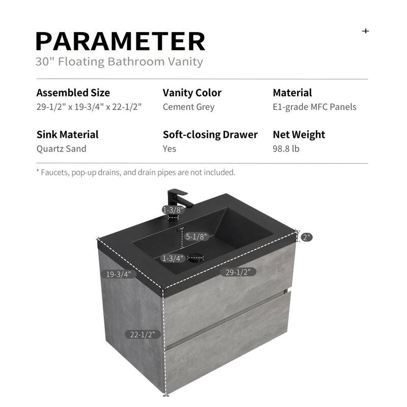 GDFStudio - Carter Floating Bathroom Vanity with Quartz Sand Countertop & Soft-Close Drawers