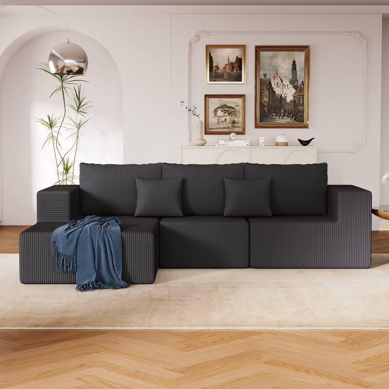 L Shaped Sectional Foam Sofa, Upholstered Corduroy Fabric Sofa, Modular Cloud Couch with Chaise Lounge & Removable Covers