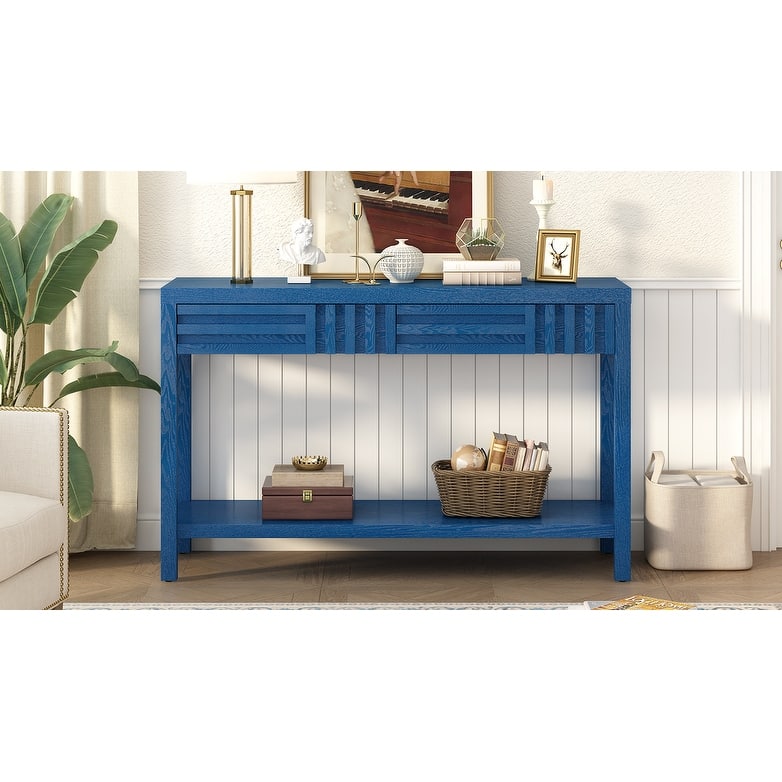 Wooden Console Table, Hallway Tables with 2 Drawers and Open Shelf