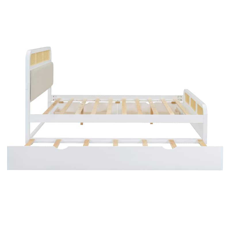 Boho Cane Wooden Platform Bed Queen Storage Bed with Wooden Headboard, Trundle and 2 Storage Drawers