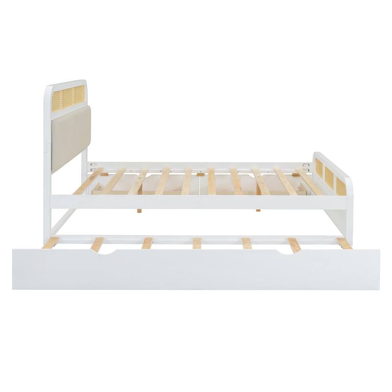 Rattan Platform Bed Queen Wooden Bed Frame with Twin Trundle and 2 Drawers, Headboard with Padded Cushion Mattress Not Included