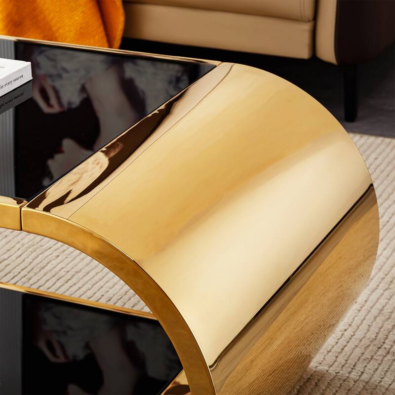 Modern Oval 2-Tier Coffee Table End Table with Gold Stainless Steel Frame, Accent Table Dining Table with Tempered Glass