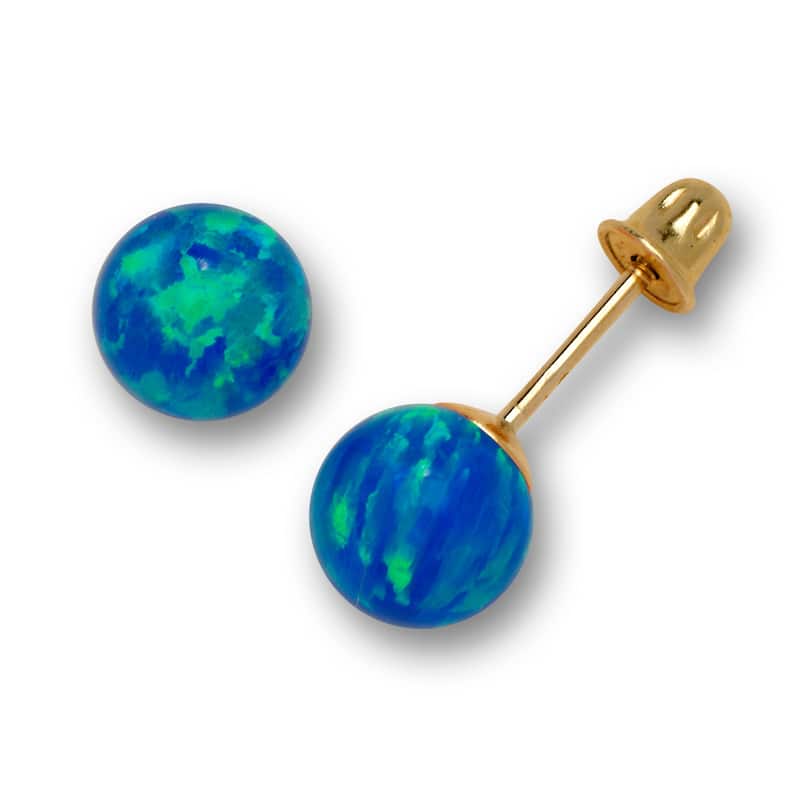 14K Yellow Gold Colors of Created Opal 6mm Ball Post Stud Screw-back Earrings - blue-blue - Blue