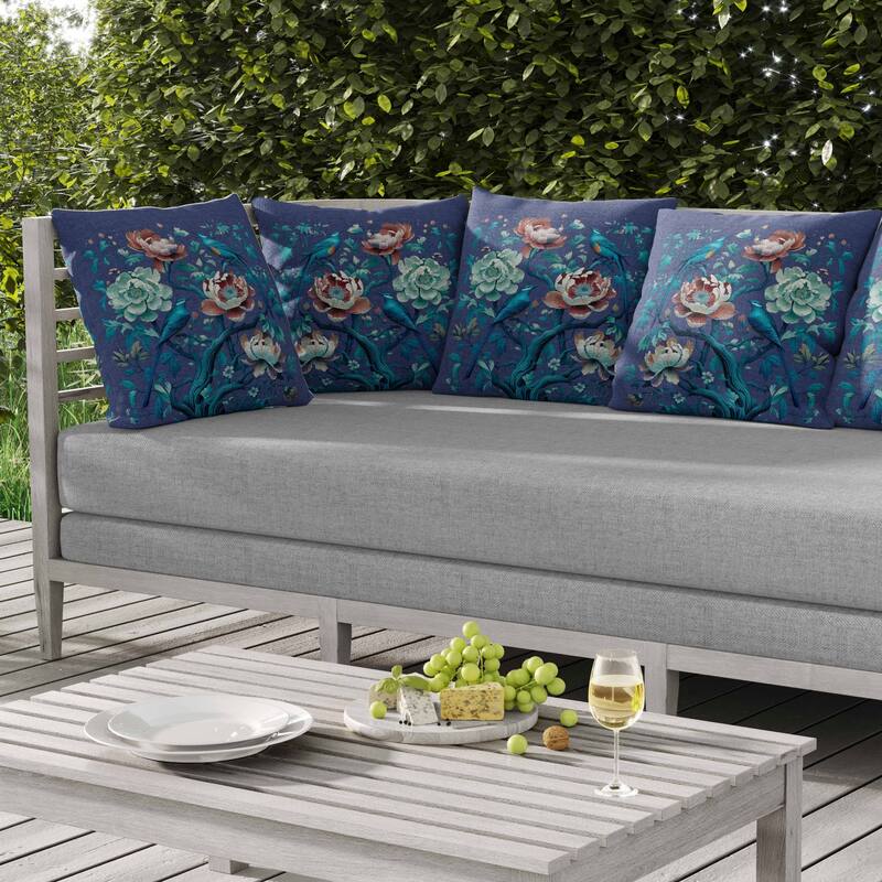 Botanical Bird Ensemble Indoor/Outdoor Reversible Throw Pillow Blue and Red