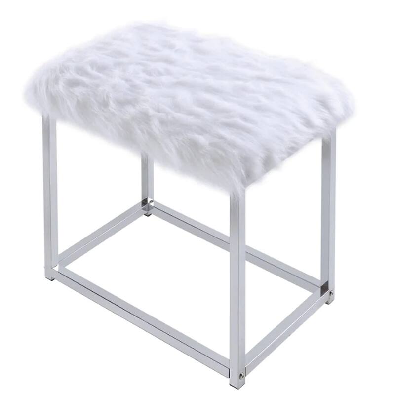 Rose Round Vanity Mirror with Stool, Faux Fur Seat, Gray, White