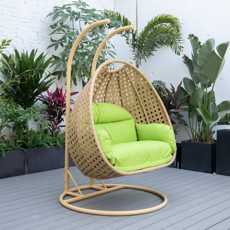 LeisureMod Mendoza 2-Person Hanging Egg Swing Chair - Handcrafted Light Brown Wicker, Patio Hammock Lounger with Cushions - 53"