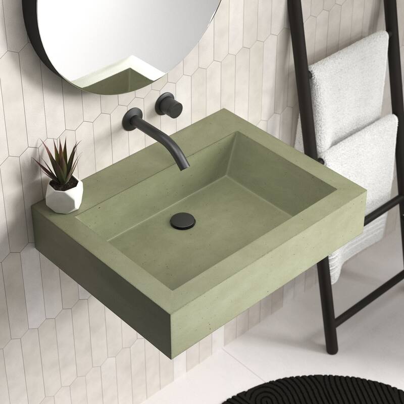 Natoma 24" Wall-Mounted Concrete Rectangular Bathroom Sink - Single Faucet Hole - Sage - No Faucet Hole