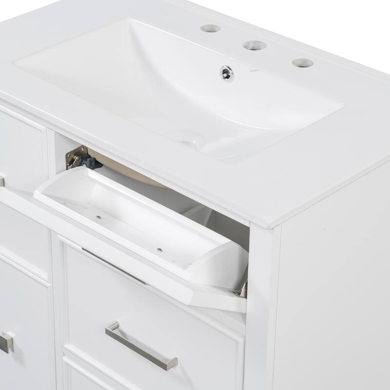 Freestanding Bathroom Vanity with Drop-In Rectangular Ceramic Sink, Flip-Out Drawer, Soft-Close Drawers and Solid Wood Legs