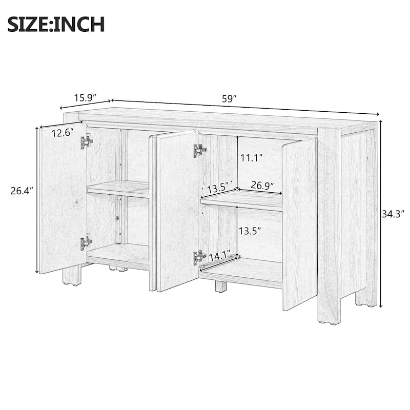 Buffet Cabinet with Storage, 4-Door Retro Wood Sideboard with Distressed Finish and Adjustable Shelves .
