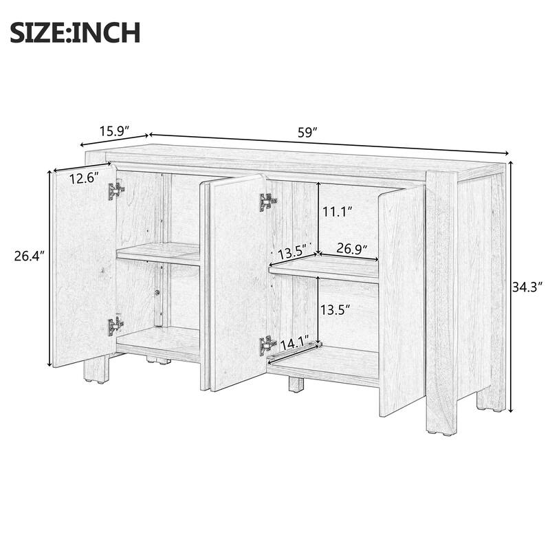 Buffet Cabinet with Storage, 4-Door Retro Wood Sideboard with Distressed Finish and Adjustable Shelves