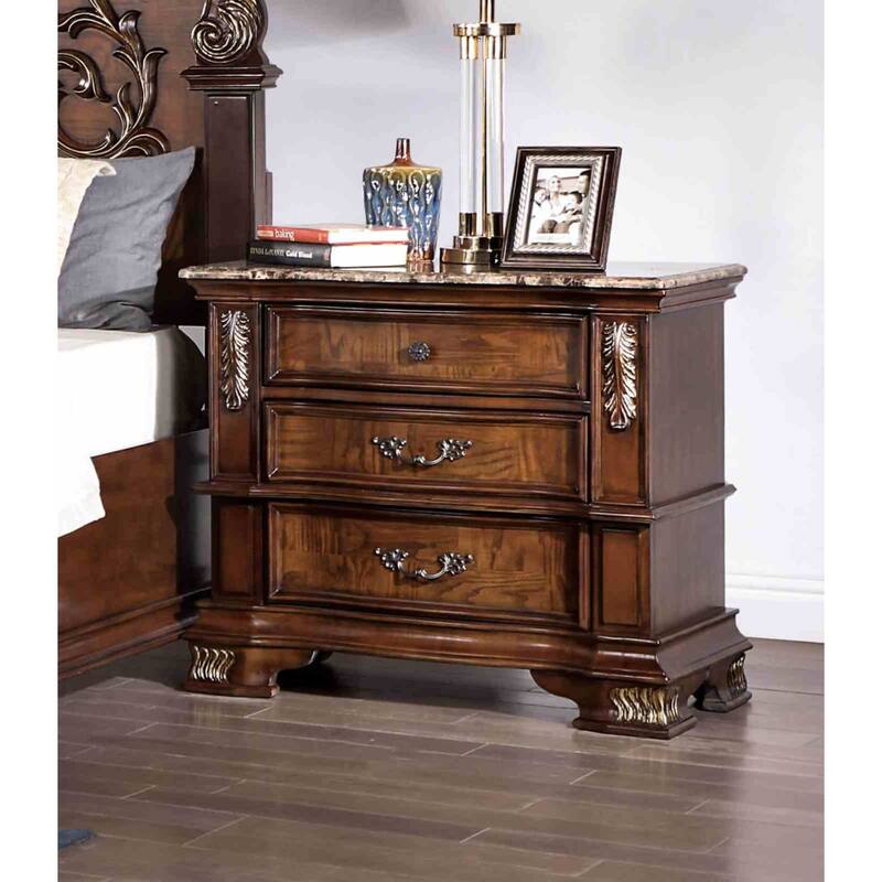 Traditional Nightstand - Brown Cherry Finish with Marble Top