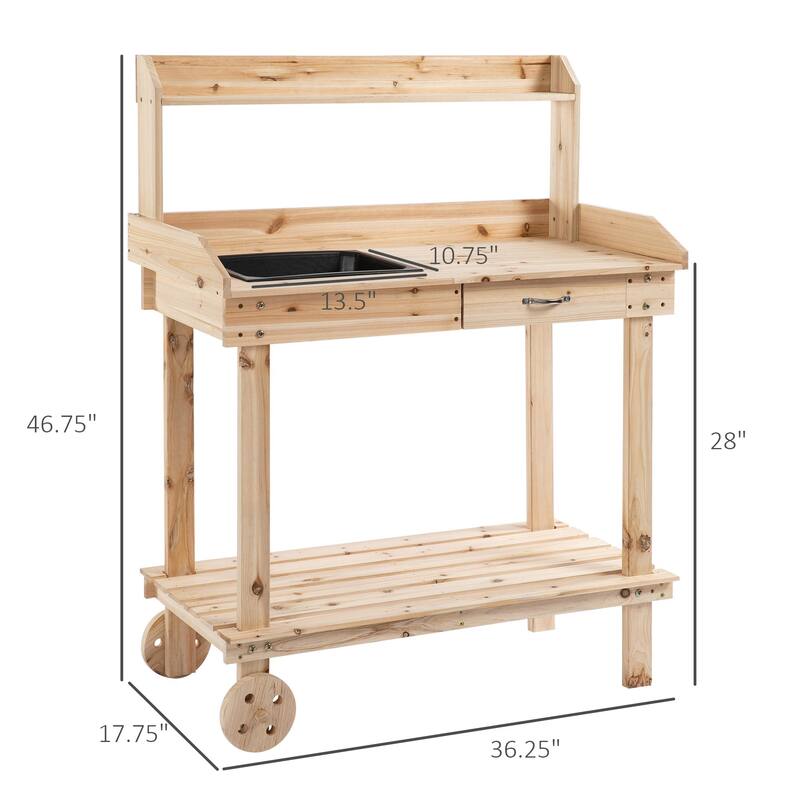 Outsunny 36.25" x 17.75" x 46.75'' Wooden Potting Bench Work Table with 2 Removable Wheels & Large Storage Spaces