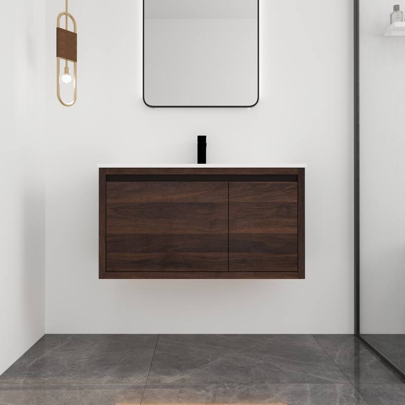 36 in. Plywood Wall Mounted Bathroom Vanity Set in California Walnut with Integrated Resin Sink - 36" x 18" - Textured - California Walnut