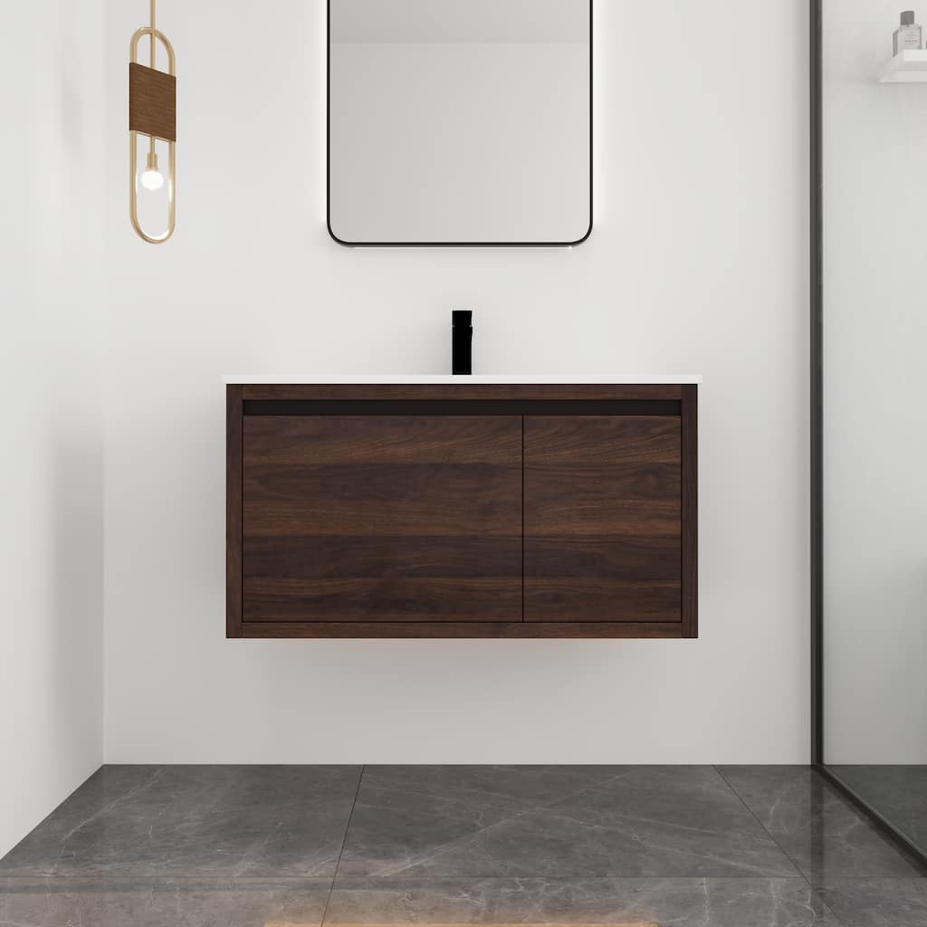 36 in. Plywood Wall Mounted Bathroom Vanity Set in California Walnut with Integrated Resin Sink
