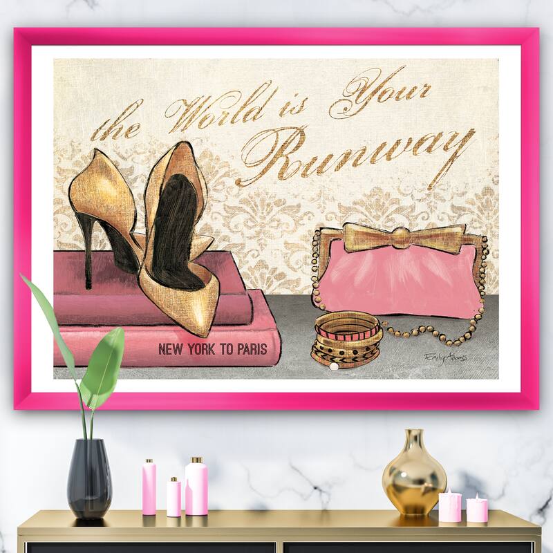 Designart "Gold Fabulous Life Style I" Fashion Framed Art Print - 40 in. wide x 30 in. high - Pink