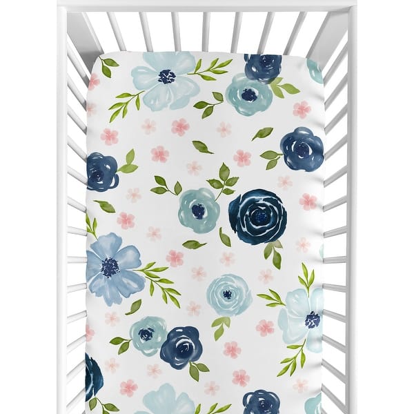 slide 2 of 6, Navy Blue and Pink Watercolor Floral Girl Fitted Crib Sheet - Blush, Green and White Shabby Chic Rose Flower