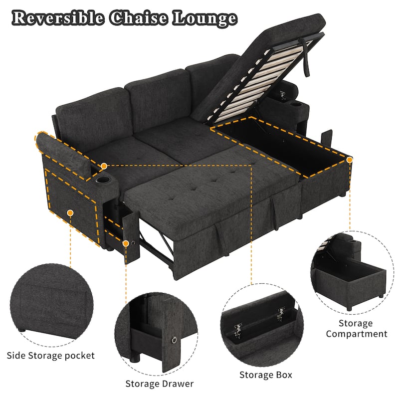 83.5" L-shaped Sofa Couch Convertible Sofa Bed Sectional Sofa with Ample Storage Space, Two Cup Holders and Two USB Ports