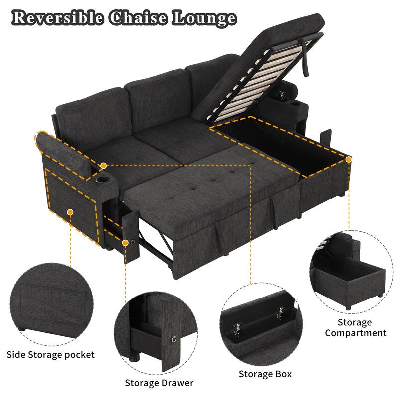 L-Shaped Convertible Sofa Bed with Reversible Chaise Lounge, Chenille Fabric Sectional Sofa with 2 Cup Holders & 2 USB Ports