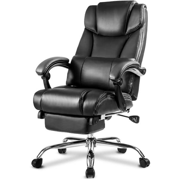 Office Chair - High Quality PU Leather/Double Padded/Support Cushion and Footrest - Black
