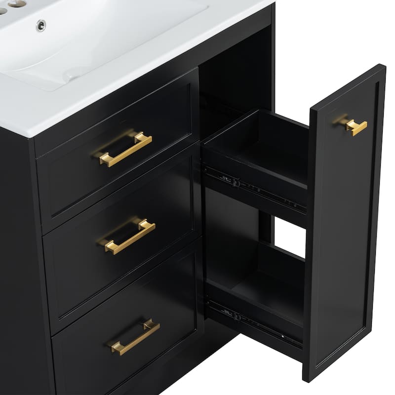 Classic Floor Storage Cabinet Freestanding Vanity for Bathroom with Side Double Layer Drawer, 2 Drawers and Gold Handles