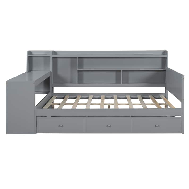 Gray Full Size Wooden Daybed with Drawers, USB Ports, and Desk