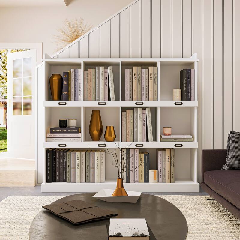 Solid Wood Bookcase Display Storage Cabinet with 7 Cube - White