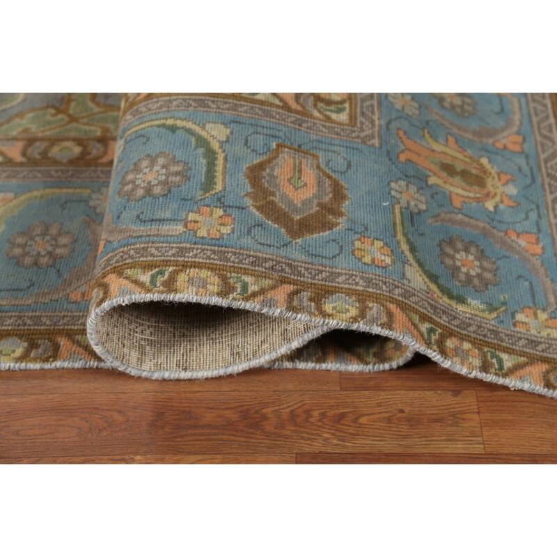 Blue Tabriz Persian Vintage Rug Hand-Knotted Traditional Wool Carpet - 8'6"x 11'10"